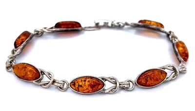 Hermosa pulsera ámbar de plata de ley de 7,75 pulgadas de largo 7 mm de ancho Foto 1 de 4