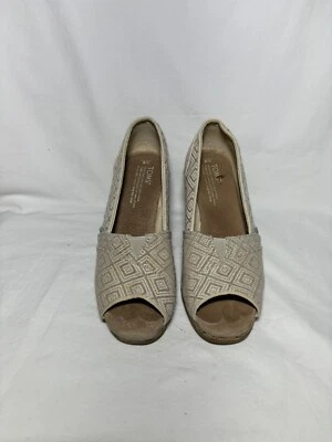 TOMS Tan Canvas Wedge Heel Shoes Open Peep Toe Cork Heel Size 8 EUC S6 - Image 1 of 4