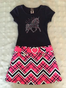 PINK & VIOLET GIRL'S NAVY & PINK BELTED DROP WAIST UNICORN SIZE S(6/6X) DRESS - Picture 1 of 7