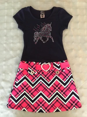 PINK & VIOLET GIRL'S NAVY & PINK BELTED DROP WAIST UNICORN SIZE S(6/6X) DRESS - Image 1 of 4