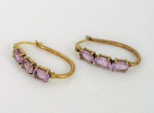 VTG BEAUTIFUL STERLING SILVER MODERNIST TRIPLE PURPLE STONE HOOP GOLD TONE - Picture 1 of 2