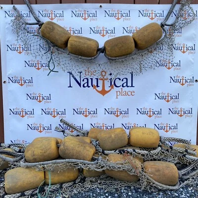 4 x Authentic Used Fishing Net Floats On Rope ~ Old Vintage Nautical Decor  - Image 1 of 4