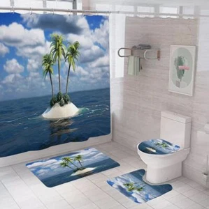 Beach Island Coconut Trees Shower Curtain Bath Mat Toilet Lid Bathroom Rug Set - Picture 1 of 8