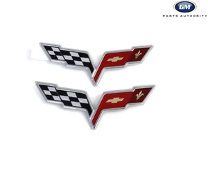 2005-2013 Chevrolet Corvette C6 Front & Rear Emblems Chrome Crossed Flags OEM GM - Picture 1 of 12