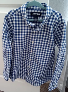 Lands End Boys Button Down Blue Plaid Shirt Long Sleeve Size S 6-7 Collar - Picture 1 of 6