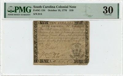 1776 October 19, $10 South Carolina Colonial Note FR#SC-134 PMG VF30 - Image 1 of 2