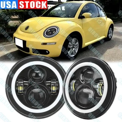 适用于 1950 - 1979 年大众甲壳虫 7 英寸圆形 LED 车头灯光环天使眼睛 DRL 组合 — 第 1/4 张图片