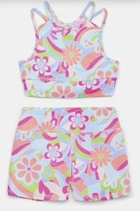 Athletic Works Girl's Retro Floral Print Longline Bra/Bike Shorts Set Sz L Plus - Picture 1 of 7