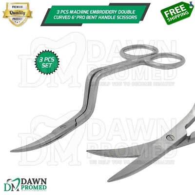 3 Pcs Machine Embroidery Double Curved Scissors 6" Pro Bent Handle German Grade - Image 1 of 4