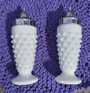 Fenton Hobnail Milk Glass Footed Salt and Pepper Shakers, Ware #A-020, 4-3/4"  - Picture 1 of 5