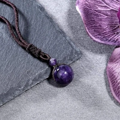 Colar pingente de contas de pedra olho de tigre roxo natural 16mm proteção espiritual - Imagem 1 de 4