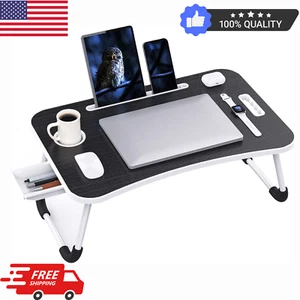 Folding Lap Desk with Cup Holder & Tablet Slot | Portable Laptop Bed Tray Black - Picture 1 of 7