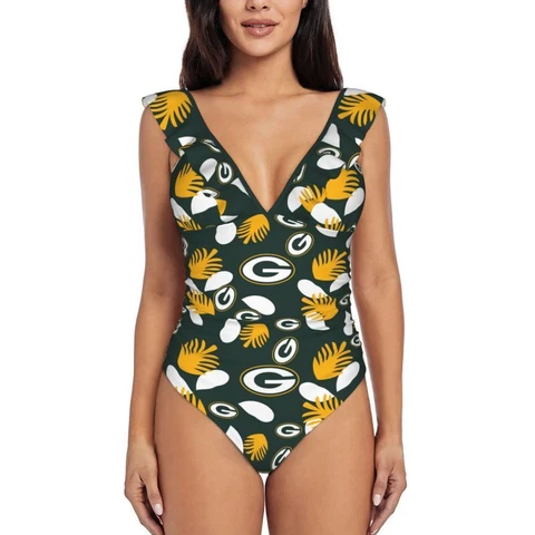 Green Bay Packers Women's Ruffle One Piece Swimsuit Hawaiian Printed Swimsuit Cover