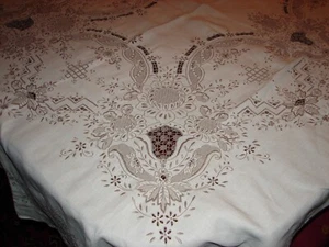 Vintage Madeira Linen Eyelet Embroidery Banquet Tablecloth 148 x 68 in - Picture 1 of 8