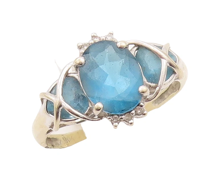 14K GOLD Vintage Ring Genuine Diamonds & Multi Cut Blue Topaz  Sz 8  GR889 - Image 1 of 4
