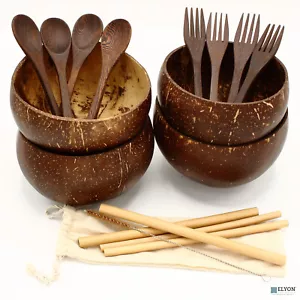4 Jumbo handgefertigte natürliche Kokosnussschale Schüssel Set mit 4 Löffeln 4 Gabeln & 4 Strohhalmen - Bild 1 von 10