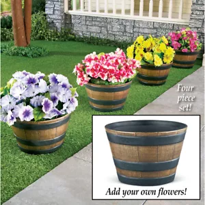 Set of 4 Rustic Wooden Barrel Outdoor Garden Flower Vegetable Planters - Picture 1 of 3