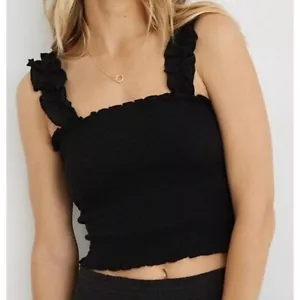 NWT aerie Cropped Smocked Tank Top Black Size XL - Picture 1 of 4