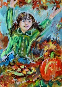 ACEO Original Painting CHILD Autumn LEAF Pile PUMPKIN Landscape FALL Tree ART - Picture 1 of 1