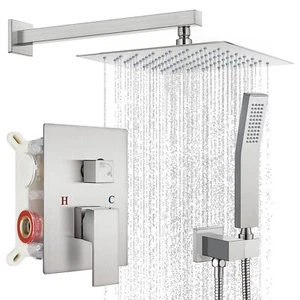 Brushed Nickel Shower System with Valve Shower Faucet Set 12in Rain Shower Head - Picture 1 of 11