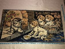 Vintage Velvet Tapestry Rug Wall Hanging Tabby Cat & Puppies  19" x 36" GC