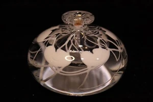 SIGNIERTE KUNSTGLAS PARFÜMFLAKON VASE KLAR MIT WEISSEN WIRBELN & HERZEN MARY ANGUS - Bild 1 von 7