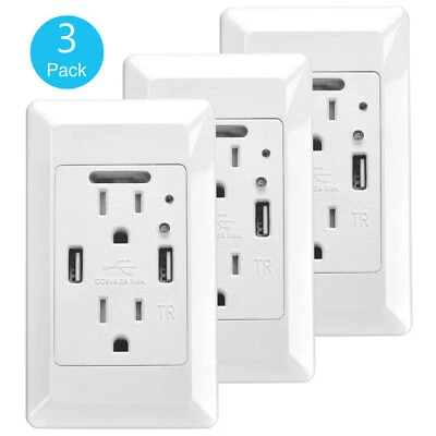 Placa de pared de toma de corriente 3PK con luces LED de ángel nocturno dúplex carga rápida 4.2A doble USB Foto 1 de 4