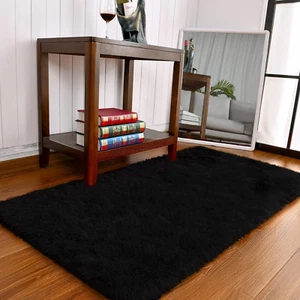 Small Bedroom Runner Rug, 2X4 Black Bedside Rug for Bedroom Fluffy Shaggy Throw - Picture 1 of 12