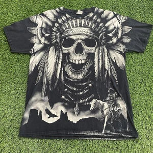 Vintage Y2K Indianer Totenkopf Kopfschmuck Herren Large schwarz T-Shirt Grunge AOP - Bild 1 von 8