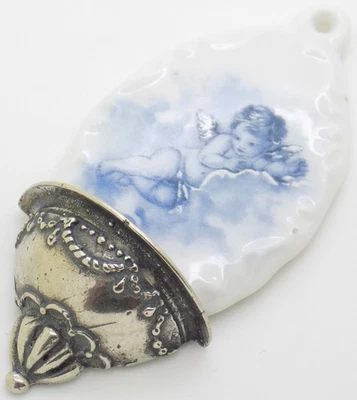 Винтажный итальянский подлинный серебряный лимож фарфора святой воды шрифт миниатюрный Stoup - Изображение 1 из 4