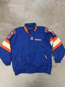 Vntg Denver Broncos Blue Orange Starter Pro Line NFL Puffer Zip Jacket 90's L - Picture 1 of 8