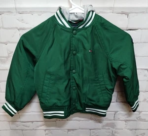 🔥🔥🔥 Tommy Hilfiger Green Bomber Jacket With Hood Toddler XS Green White Gray - Picture 1 of 4