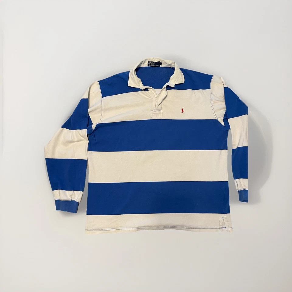 Винтажная рубашка регби 90-х Polo Ralph Lauren в полоску размер L синяя/белая мужская - Изображение 1 из 4