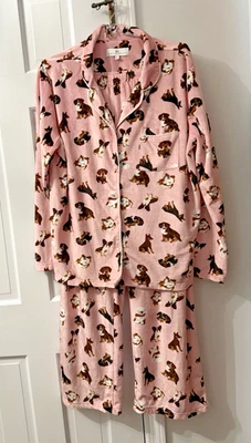 Conjunto de pijama cómodo manga larga polar suave estampado perro Karen Neuberger rosa 2 piezas talla L Foto 1 de 4