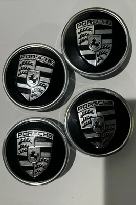 Porsche Wheel Center 76mm Cap 911 Taycan Panamera Charcoal Black And White Crest - Image 1 of 3