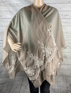 Unique Split Shawl Semi-Sheer Pale Brown Ivory Floral Embroidery Delicate Scarf - Picture 1 of 12