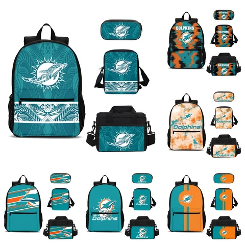 Miami Dolphins Backpack 4PCS Book Bag Lunch Box Crossbody Bag Pencil Case Gift Cover