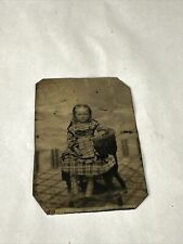 Antique Tintype Photograph Adorable Little Girl Looking Thru Time Plaid Dress