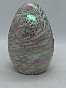 OCI Omnibus Iridescent White Art Glass 4 x 2.5 in Egg Paperweight Clear Bottom - Picture 1 of 4
