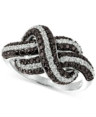 Stunning 925 Pure Silver Deep Shiny Black Onyx & White CZ Fine Knot Design Ring - Image 1 of 2