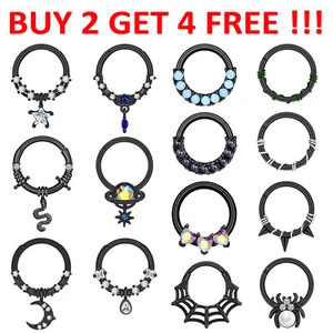 Black Hinged Nose Rings Hoop Surgical Steel Septum Clicker Cartilage Earring 16G - Picture 1 of 20
