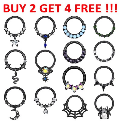 Pendientes de cartílago clicker tabique acero quirúrgico aro nariz anillos bisagras negras 16G Foto 1 de 4