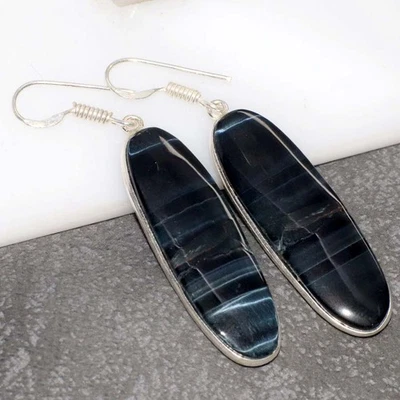 Impresionantes pendientes de piedras preciosas enchapados en plata 925 ojo de tigre negro 2,2" GW Foto 1 de 3