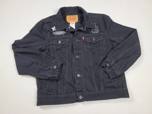 Levi's Denim Jean Jacket Kids Large L Patch Trucker Black Peace Boxing Day Job - Picture 1 of 7