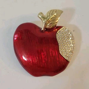 Anne Klein Red Enameled Clear Rhinestone Apple Brooch Pin Goldtone  - Picture 1 of 7
