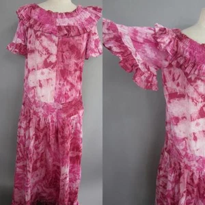 VINTAGE Hawaiian ruffled DRESS HIPPIE TIE DYED PINK COTTON PAUNANI'S XL/XXL - Picture 1 of 6