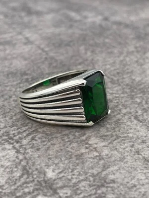 Anillo de esmeralda para hombre, anillo de piedra verde, anillo de plata turco hecho a mano 6us-12 Foto 1 de 4
