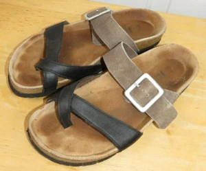 NAOT Fresno Leather Comfort Sandals Two Tone Strap Toe Loop Black & Tan Sz 7 - Picture 1 of 6