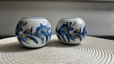 Used Set of 2 Ceramic Tea Light Holders, White and Blue Floral Wedding Decor - Image 1 of 3