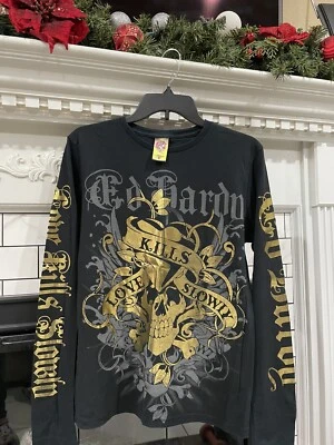 Ed Hardy Y2K череп любовь убивает медленно длинным рукавом золото/черный - Изображение 1 из 4